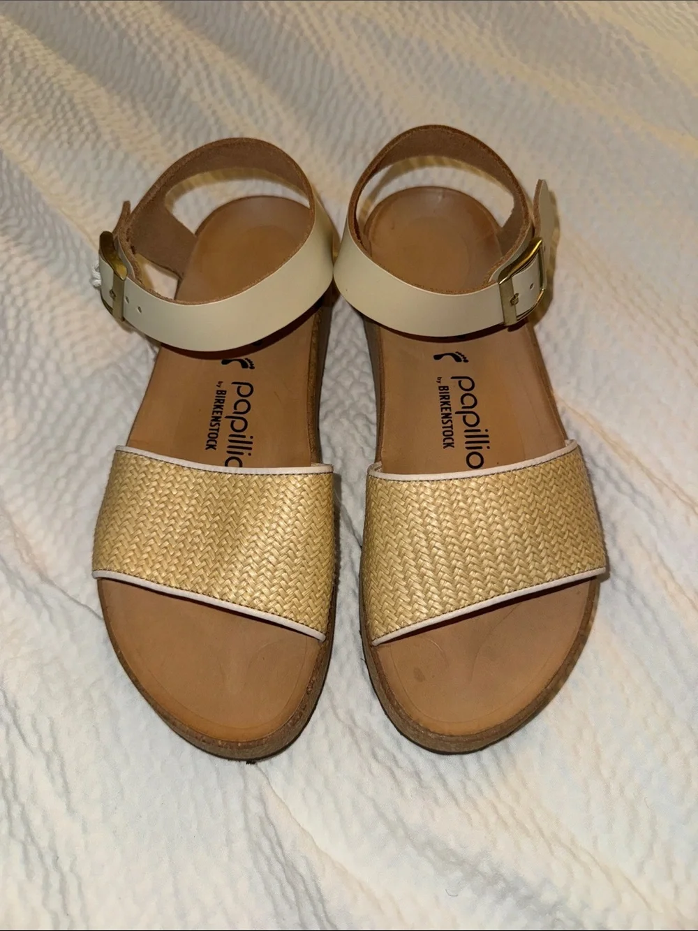 Birkenstock Papillio Raffia Two-Strap Sandals in Cream and Natural